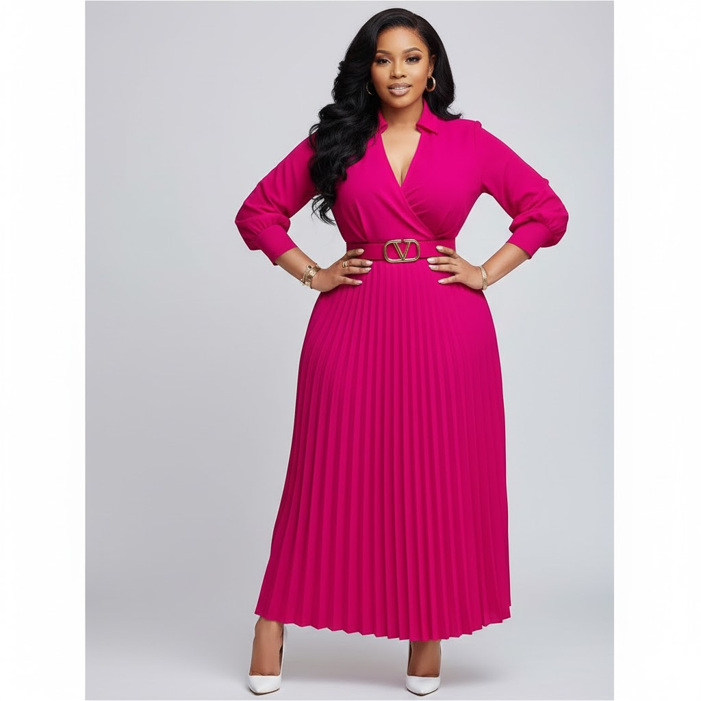 Elegant Lantern Sleeve Pleated Dress.