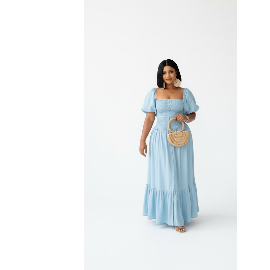 Square Neck Short Sleeve Flare Maxi Dress.