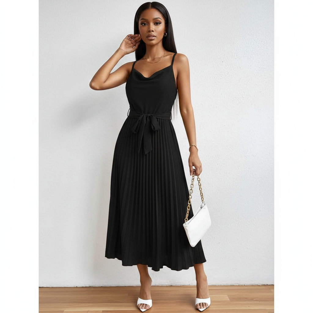 Pleated A Line Sun Cocktail Midi Dress